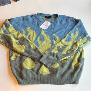 Forever 21 Blue and Yellow Flame Crewneck Sweater